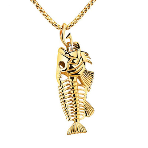 New Fish Bone Fish Skeleton Stainless Steel Pendant Surfer Chain Necklace